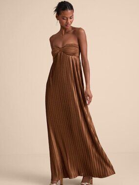 Lulus Whimsical Beauty Brown Satin Plisse Strapless Maxi Dress - Size M